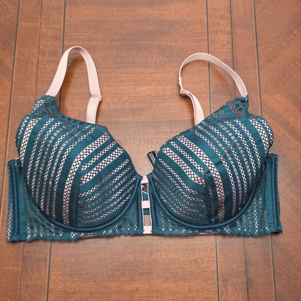 Victoria's Secret Bra Women 38D Teal Pink Lined Plunge Lace Underwire 399272-KE8